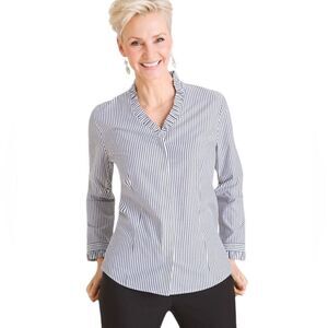 Chico’s No Iron Blouse Ruffle V-Neck Blue & White Stripes Size Small